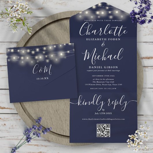 Hochzeit von Navy Blue String Lights QR Code Monog All In One Einladung