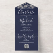 Hochzeit von Navy Blue String Lights QR Code Monog All In One Einladung (Innen Boden)