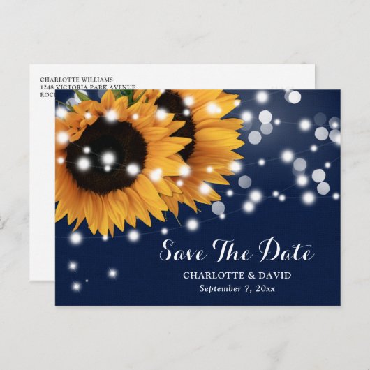 Hochzeit von Navy Blue Sunflower String Lights Ankündigungspostkarte (Vorne/Hinten)