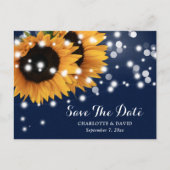 Hochzeit von Navy Blue Sunflower String Lights Ankündigungspostkarte (Vorderseite)