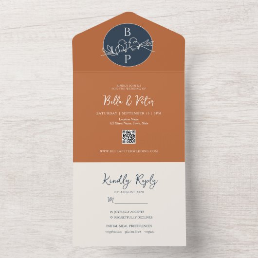 Hochzeit von Navy Blue Terracotta All In One Einladung (Innen Boden)