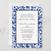 Hochzeit von Navy Blue und Black Swirl Damask Einladung (Vorderseite)