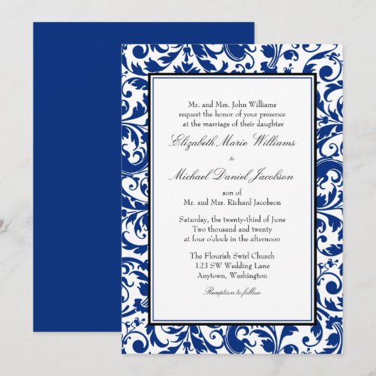 Hochzeit von Navy Blue und Black Swirl Damask Einladung (Vorne/Hinten)
