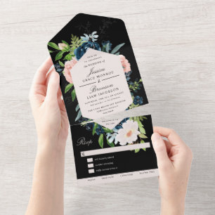 Hochzeit von Navy Blue und Blush auf Black Floral All In One Einladung