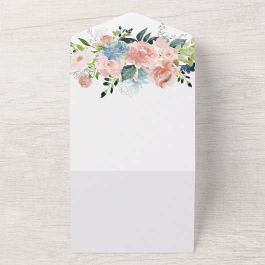Hochzeit von Navy Blue und Blush Floral All In One Einladung (Außenbereich)