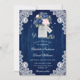 Hochzeit von Navy Blue und Blush Lace Mason Jar Fl Einladung
