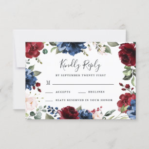 Hochzeit von Navy Blue und Burgund Blush Pink Flor RSVP Karte