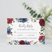 Hochzeit von Navy Blue und Burgund Blush Pink Flor RSVP Karte (Stehend Vorderseite)