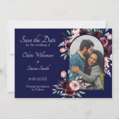 Hochzeit von Navy Blue und Burgund Floral Foto Save The Date (Vorderseite)