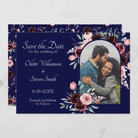 Hochzeit von Navy Blue und Burgund Floral Foto Save The Date (Vorne/Hinten)