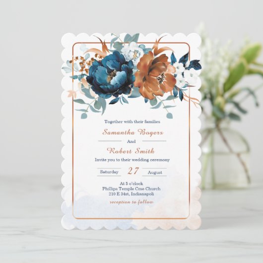 Hochzeit von Navy Blue und Burnt Orange Einladung (Stehend Vorderseite)