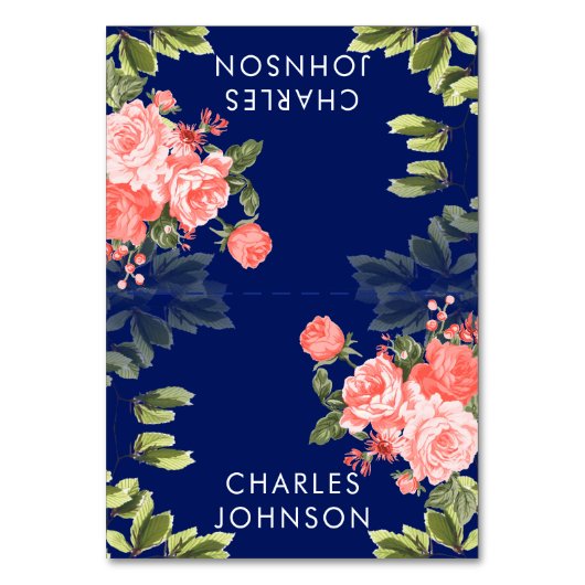 Hochzeit von Navy Blue und Coral Blume | PLATZKART Tischnummer (Vorderseite)