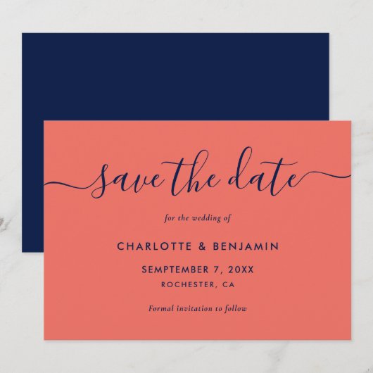 Hochzeit von Navy Blue und Coral Modern Script Save The Date (Vorne/Hinten)