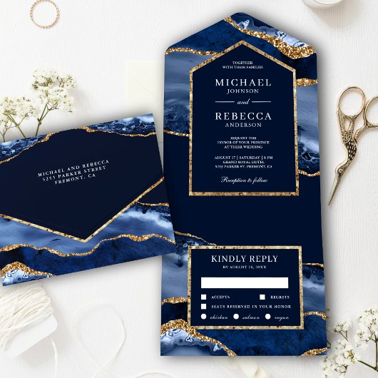 Hochzeit von Navy Blue und Gold Agate All In One Einladung