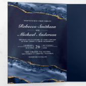 Hochzeit von Navy Blue und Gold Agate Foto Collage Dreifach Gefaltete Einladung (Innen Erste Seite)