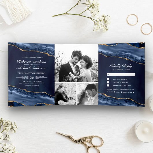 Hochzeit von Navy Blue und Gold Agate Foto Collage Dreifach Gefaltete Einladung