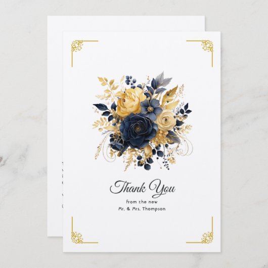 Hochzeit von Navy Blue und Gold Floral Dankeskarte (Vorne/Hinten)