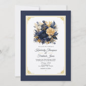 Hochzeit von Navy Blue und Gold Floral Einladung (Vorderseite)