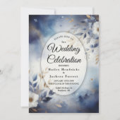 Hochzeit von Navy Blue und Gold Floral Einladung (Vorderseite)