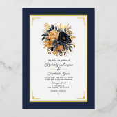 Hochzeit von Navy Blue und Gold Floral Folieneinladung (Vorderseite)