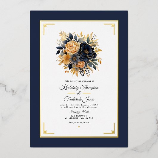 Hochzeit von Navy Blue und Gold Floral Folieneinladung (Vorderseite)