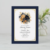 Hochzeit von Navy Blue und Gold Floral Folieneinladung (Stehend vorne)