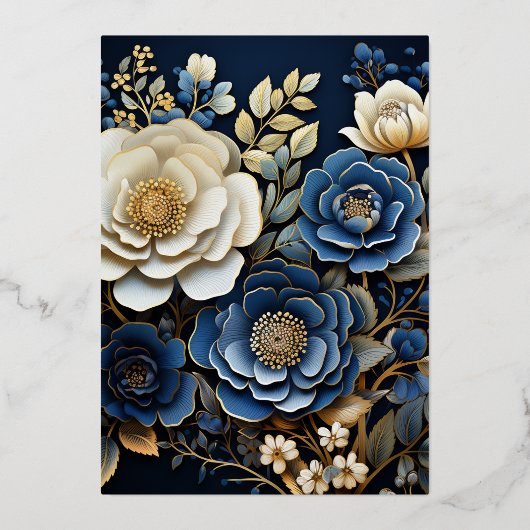 Hochzeit von Navy Blue und Gold Floral Folieneinladung (Rückseite)