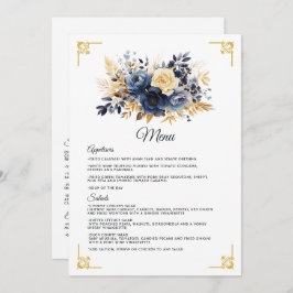 Hochzeit von Navy Blue und Gold Floral Menükarte