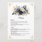 Hochzeit von Navy Blue und Gold Floral Menükarte (Vorderseite)