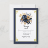 Hochzeit von Navy Blue und Gold Floral RSVP Karte (Vorderseite)