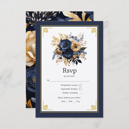 Hochzeit von Navy Blue und Gold Floral RSVP Karte (Vorne/Hinten)