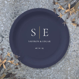 Hochzeit von Navy Blue und Gold Monogram Pappteller
