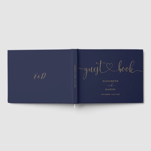 Hochzeit von Navy Blue und Gold Script Gästebuch (Voll)