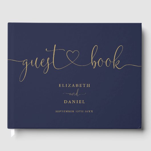 Hochzeit von Navy Blue und Gold Script Gästebuch (Vorderseite)