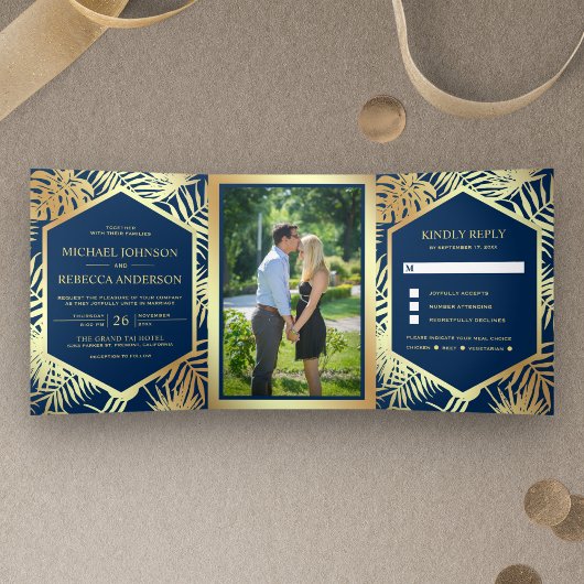 Hochzeit von Navy Blue und Imitate Gold Foil Tropi Dreifach Gefaltete Einladung