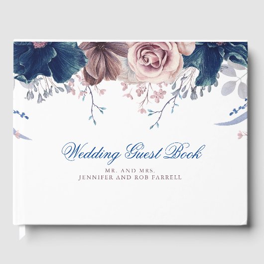 Hochzeit von Navy Blue und Mauve Floral Gästebuch (Vorderseite)
