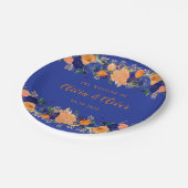 Hochzeit von Navy Blue und Orange Botanical Floral Pappteller (Schrägansicht)
