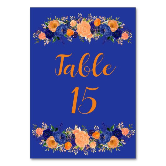 Hochzeit von Navy Blue und Orange Botanical Floral Tischnummer (Vorderseite)