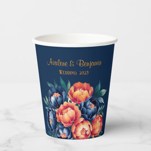 Hochzeit von Navy Blue und Orange Peony Blume Pappbecher (Vorderseite)