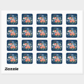 Hochzeit von Navy Blue und Orange Peony Blume Quadratischer Aufkleber (Blatt)