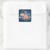 Hochzeit von Navy Blue und Orange Peony Blume Quadratischer Aufkleber (Tasche)