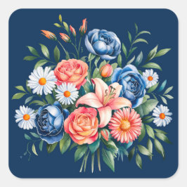 Hochzeit von Navy Blue und Orange Peony Blume Quadratischer Aufkleber