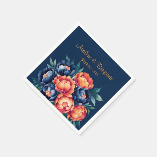 Hochzeit von Navy Blue und Orange Peony Blume Serviette (Ecke)