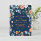 Hochzeit von Navy Blue und Orange Peony Einladung (Stehend Vorderseite)