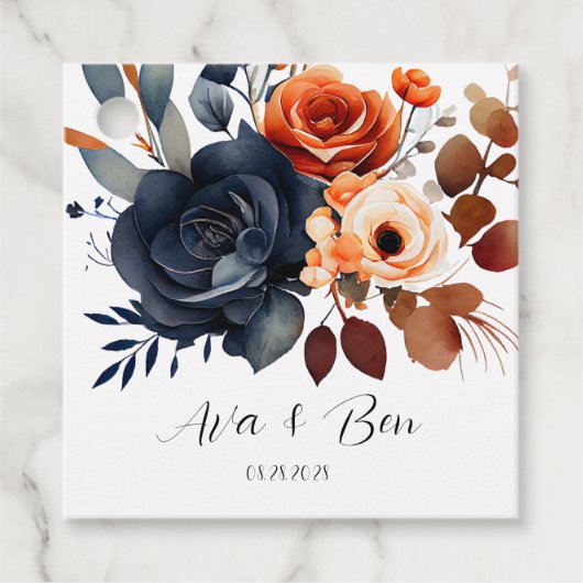 Hochzeit von Navy Blue und Orange Peony Geschenkanhänger (Vorderseite)