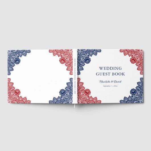 Hochzeit von Navy Blue und Red Floral Lace Gästebuch (Voll)