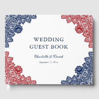Hochzeit von Navy Blue und Red Floral Lace Gästebuch