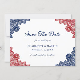 Hochzeit von Navy Blue und Red Floral Lace Save The Date