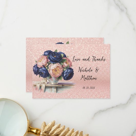 Hochzeit von Navy Blue und Rose Gold Dankeskarte (Vorderseite/Rückseite Beispiel)