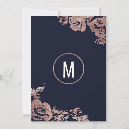 Hochzeit von Navy Blue und Rose Gold Einladung (Rückseite)